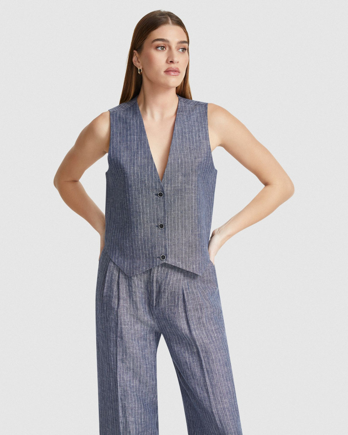 VIENNA PINSTRIPE LINEN WAISTCOAT WOMENS SUITS JKTS COATS