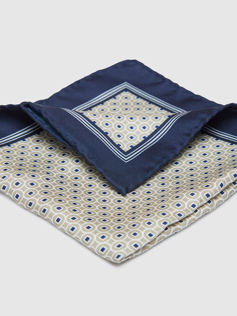 POCKET SQUARE PRINTED SILK CIRCLES BEIGE/WHITE/NAVY