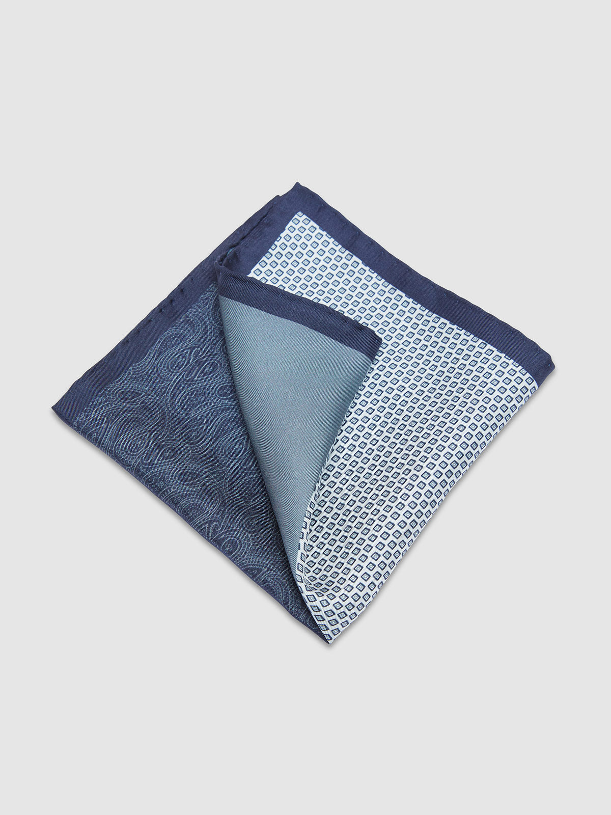 POCKET SQUARE PRINTED SILK MULTI NAVY/GREY PAISLEY
