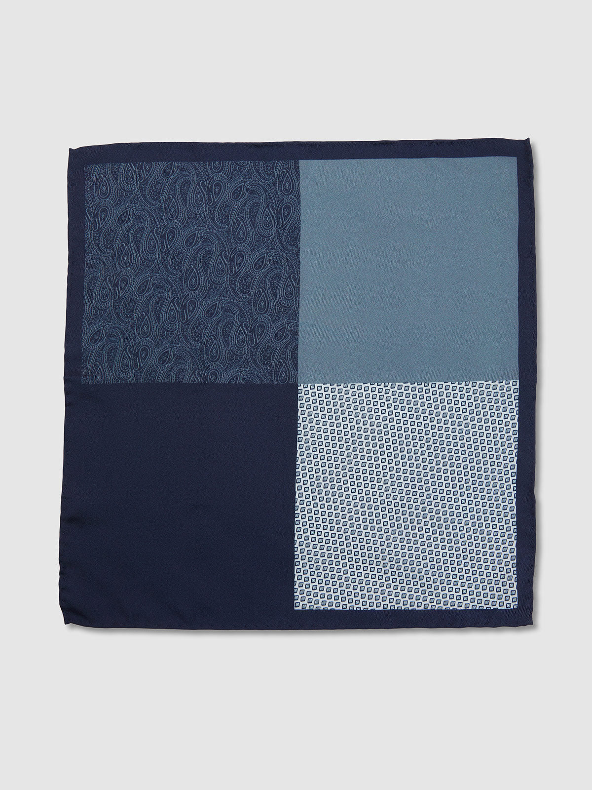 POCKET SQUARE PRINTED SILK MULTI NAVY/GREY PAISLEY