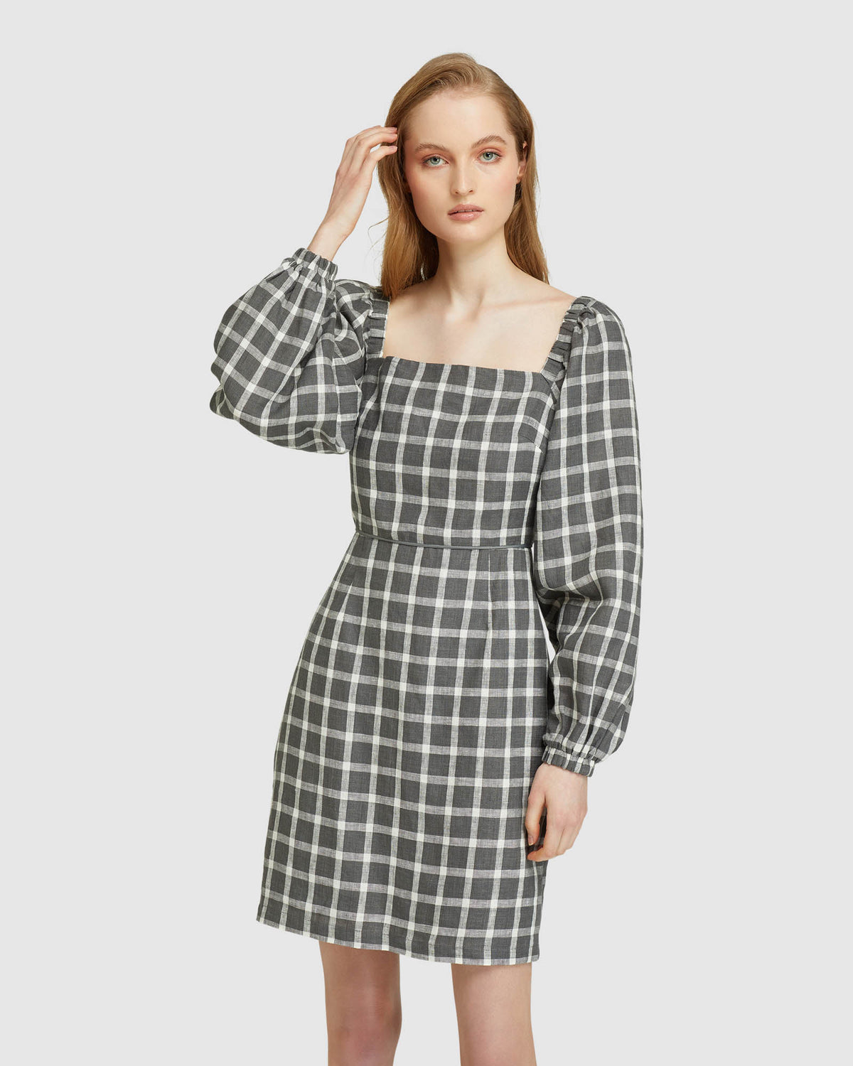 CILLY CHECK LINEN MINI DRESS GREY