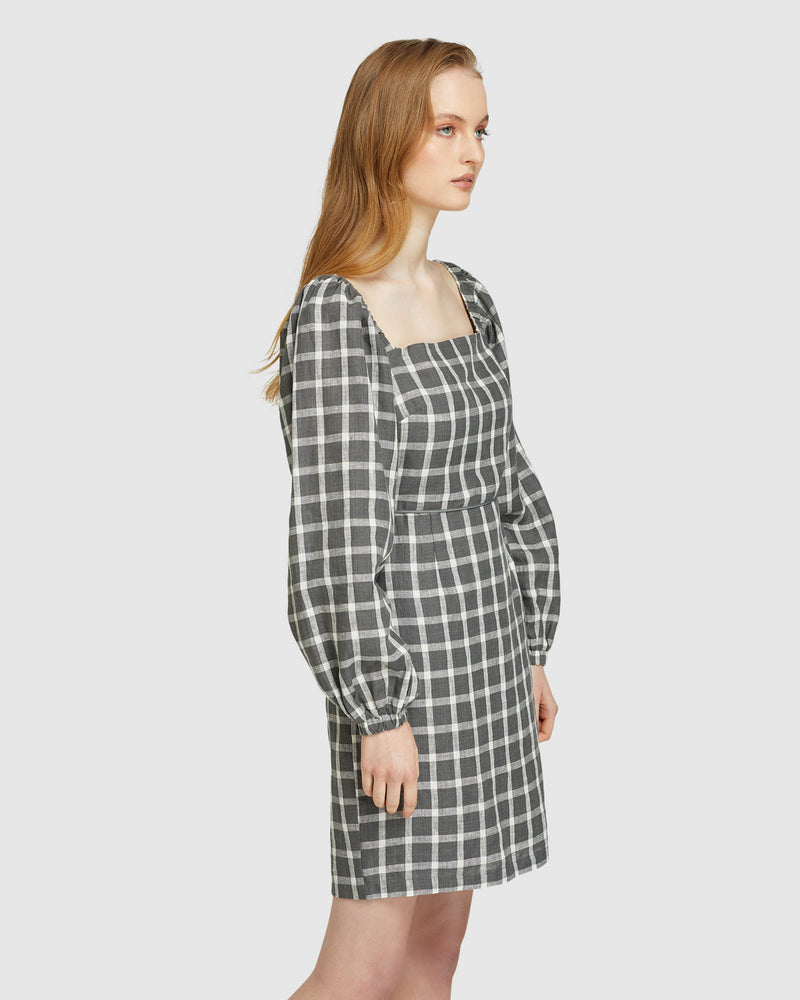 CILLY CHECK LINEN MINI DRESS GREY