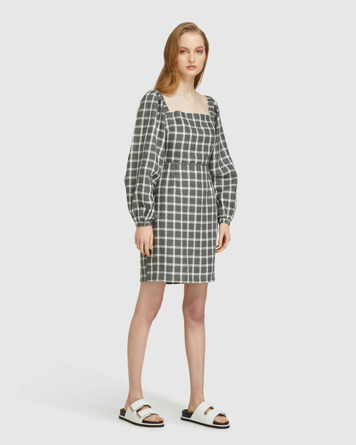 CILLY CHECK LINEN MINI DRESS GREY