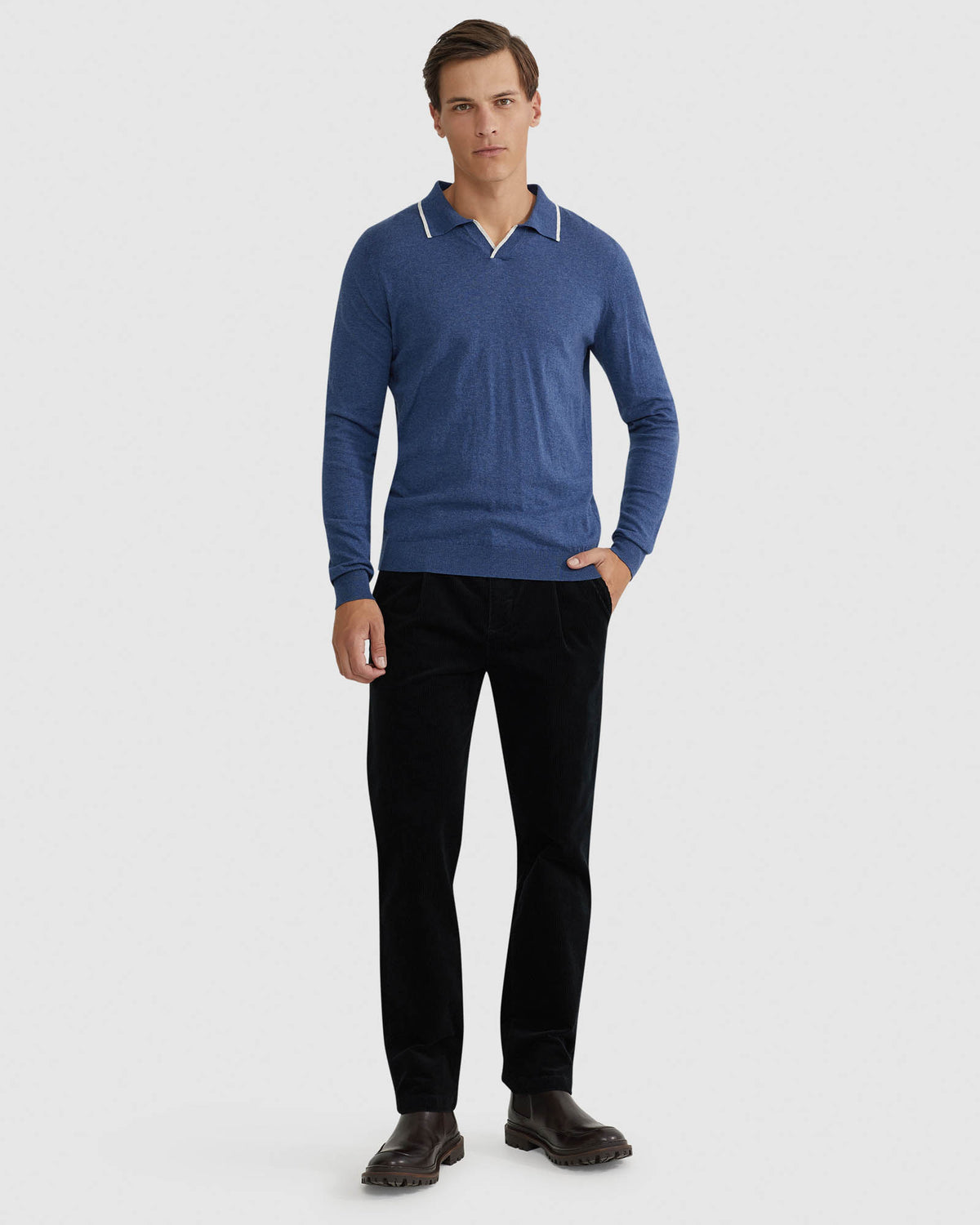 REISS TIPPING COLLAR LONG SLEEVE KNIT POLO MENS KNITWEAR