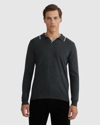 REISS TIPPING COLLAR LONG SLEEVE KNIT POLO MENS KNITWEAR