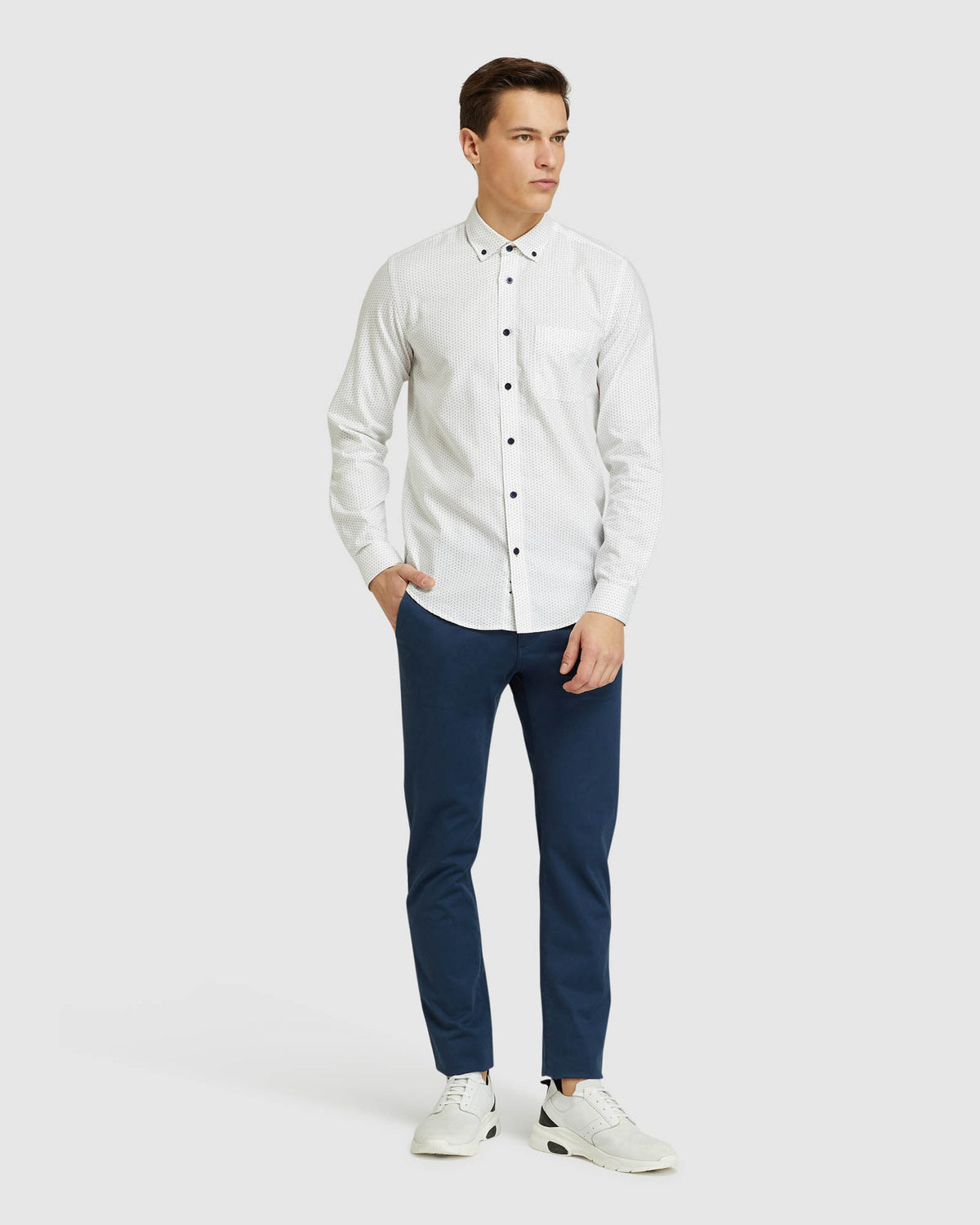 STRATTON OXFORD WEAVE PRINTED SHIRT WHITE/NAVY