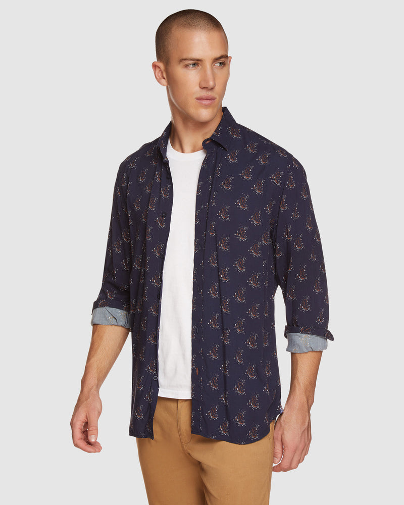 KENTON PAISLEY PRINT REGULAR SHIRT NAVY/TAN