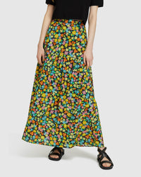 OLIVIA BLK DITZY FLORAL MAXI SKIRT BLACK MULTI